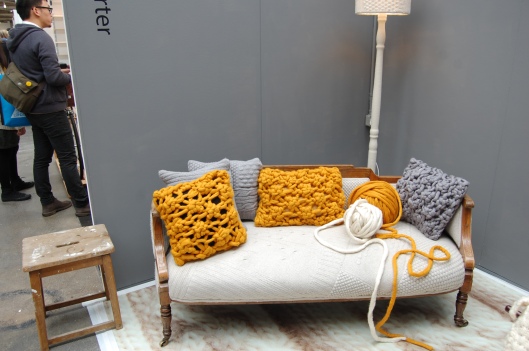 Knitted furniture is still going strong! Melanie Porter, who was one of the originators of the trend, hand knits these cushions with huge thick yarn and enormous needles. 