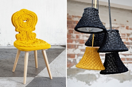 Yellow wool-knit chair by Claire-Anne O'Brien and wool lampshades by Melanie Porter